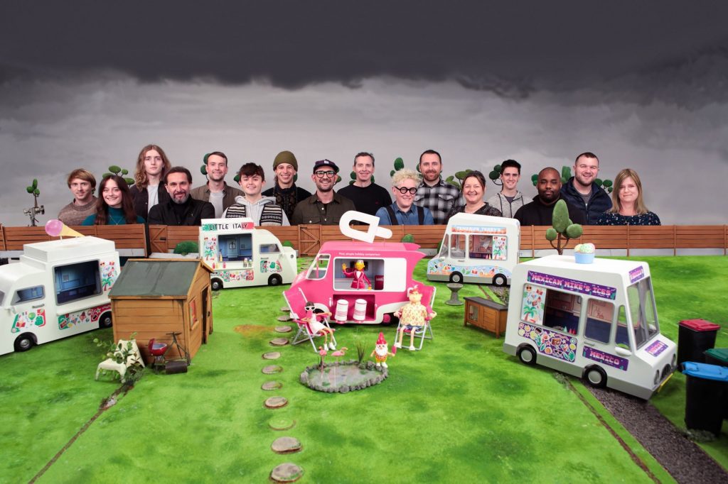 Group photo of A+C Studios Team gathered around the set for IceLolly stop motion animation set up.