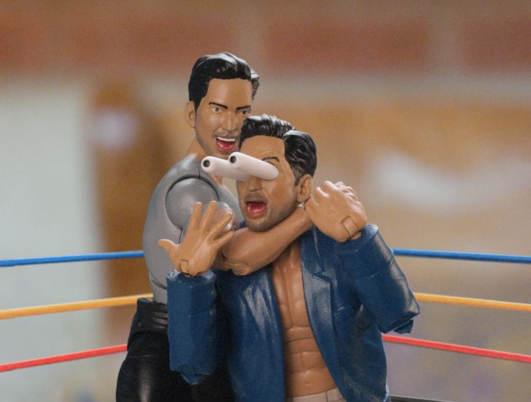 Personalised wrestling figures of Joseph Lee fighting himself for Squarespace