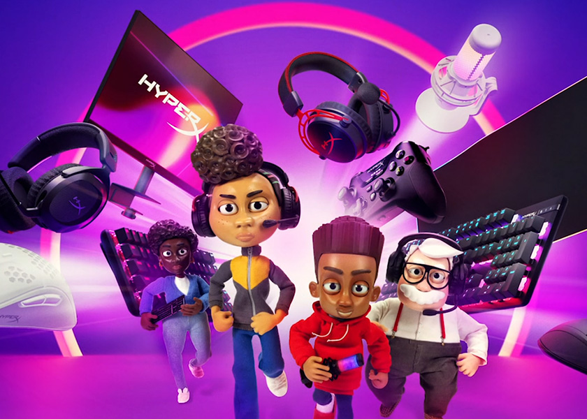 Stop-motion style characters surrounded by gaming headsets, keyboards and microphone in a colourful studio scene.
