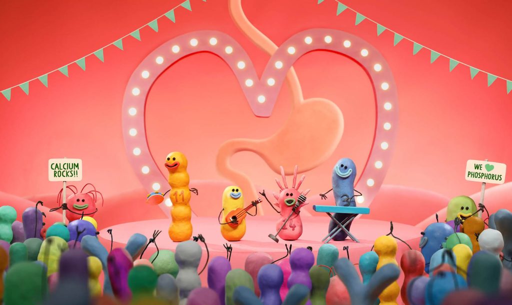 Animated bio-characters performing onstage commercial