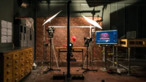 Professional stop-motion animation stage setup with cameras, lighting, and monitors displaying real-time shots, highlighting the advanced in-house facility and controlled environment at A+C Studios, one of the top social media video production companies in the UK