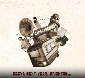 A surreal vintage-style collage featuring a caravan, a gramophone, and a seagull in a top hat, created by Trapeze Media for a social media video production project in Brighton, UK.