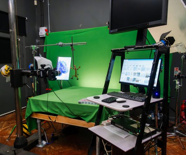 A photo of our studio green screen